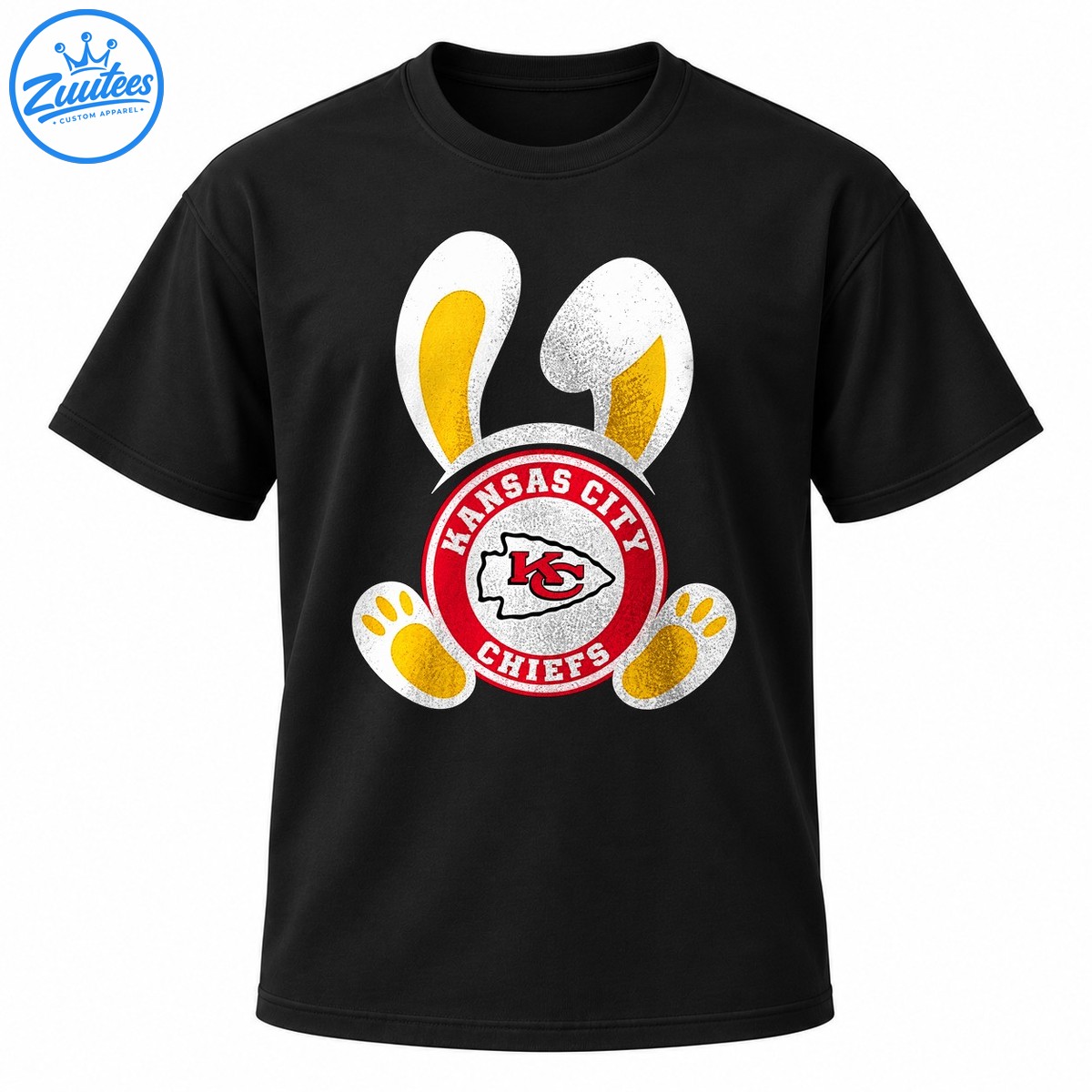Distressed Easter bunny design with white ears, golden yellow paws, and a red circular Kansas City Chiefs arrowhead emblem. Distressed Easter bunny design with white ears, golden-yellow paws, and a red circular Kansas City Chiefs arrowhead emblem.