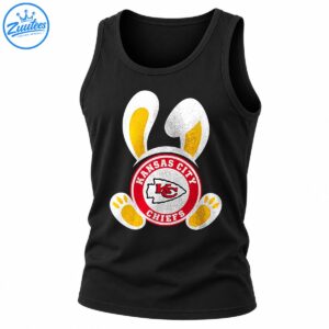 Distressed Easter bunny design with white ears, golden-yellow paws, and a red circular Kansas City Chiefs arrowhead emblem.
