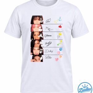 Six-panel portrait collage shirt design with white doodles, handwritten signatures, colorful stars, cherries, crown, key, flowers, and seashell