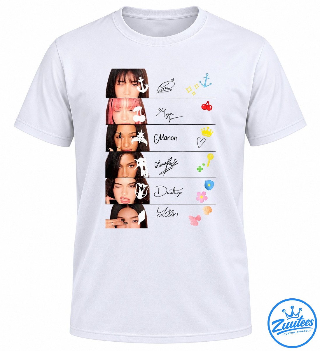 Six panel portrait collage shirt design with white doodles, handwritten signatures, colorful stars, cherries, crown, key, flowers, and seashell Six-panel portrait collage shirt design with white doodles, handwritten signatures, colorful stars, cherries, crown, key, flowers, and seashell