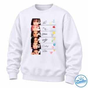 Six-panel portrait collage shirt design with white doodles, handwritten signatures, colorful stars, cherries, crown, key, flowers, and seashell