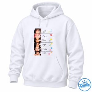 Six-panel portrait collage shirt design with white doodles, handwritten signatures, colorful stars, cherries, crown, key, flowers, and seashell
