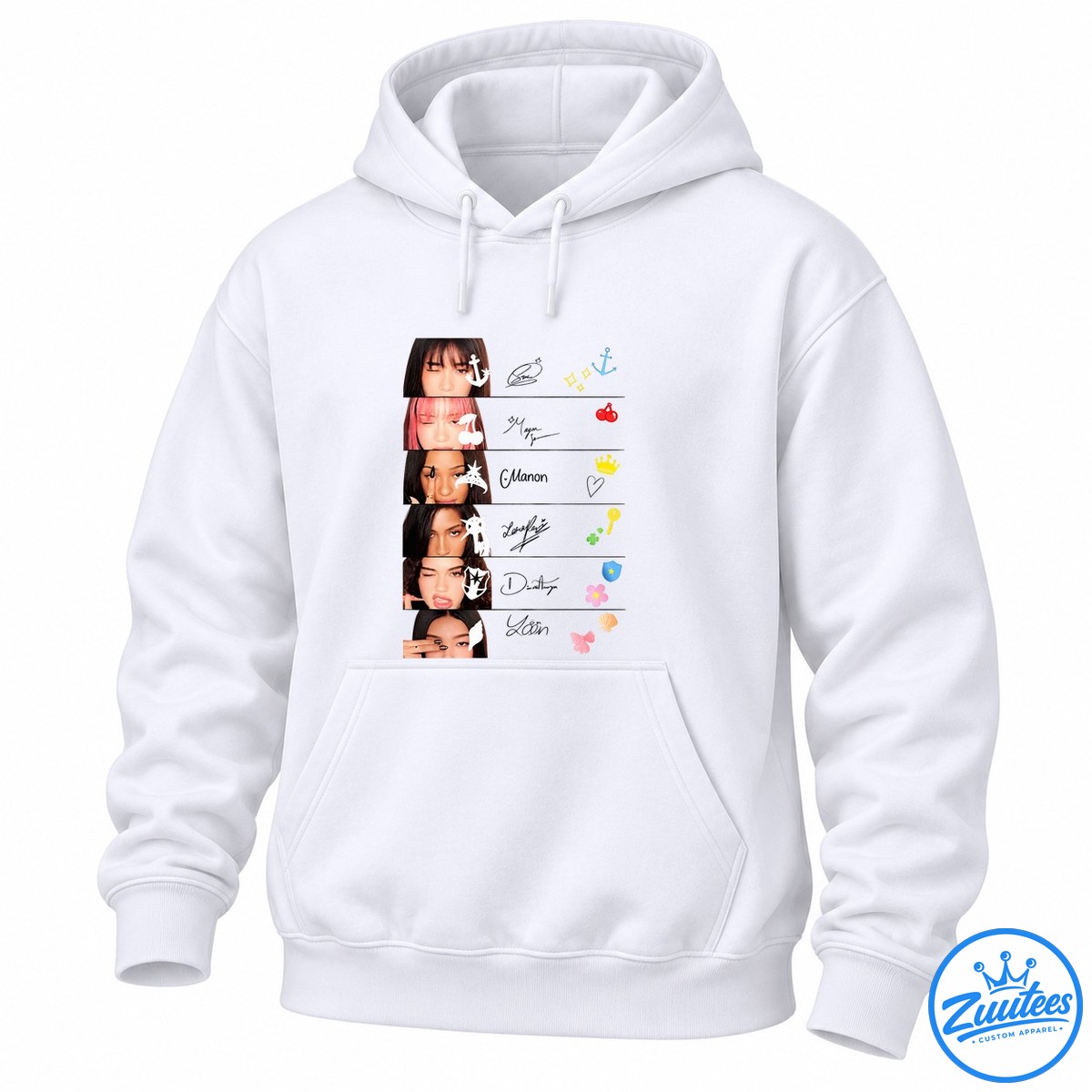 Six panel portrait collage shirt design with white doodles, handwritten signatures, colorful stars, cherries, crown, key, flowers, and seashell Six-panel portrait collage shirt design with white doodles, handwritten signatures, colorful stars, cherries, crown, key, flowers, and seashell