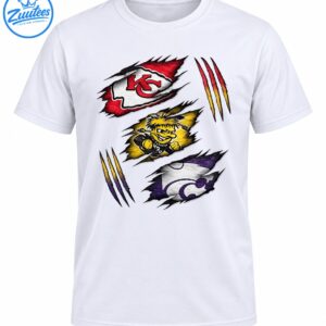 Three stacked sports graphics with a red KC arrowhead, yellow mascot, purple wildcat emblem, and colorful claw marks