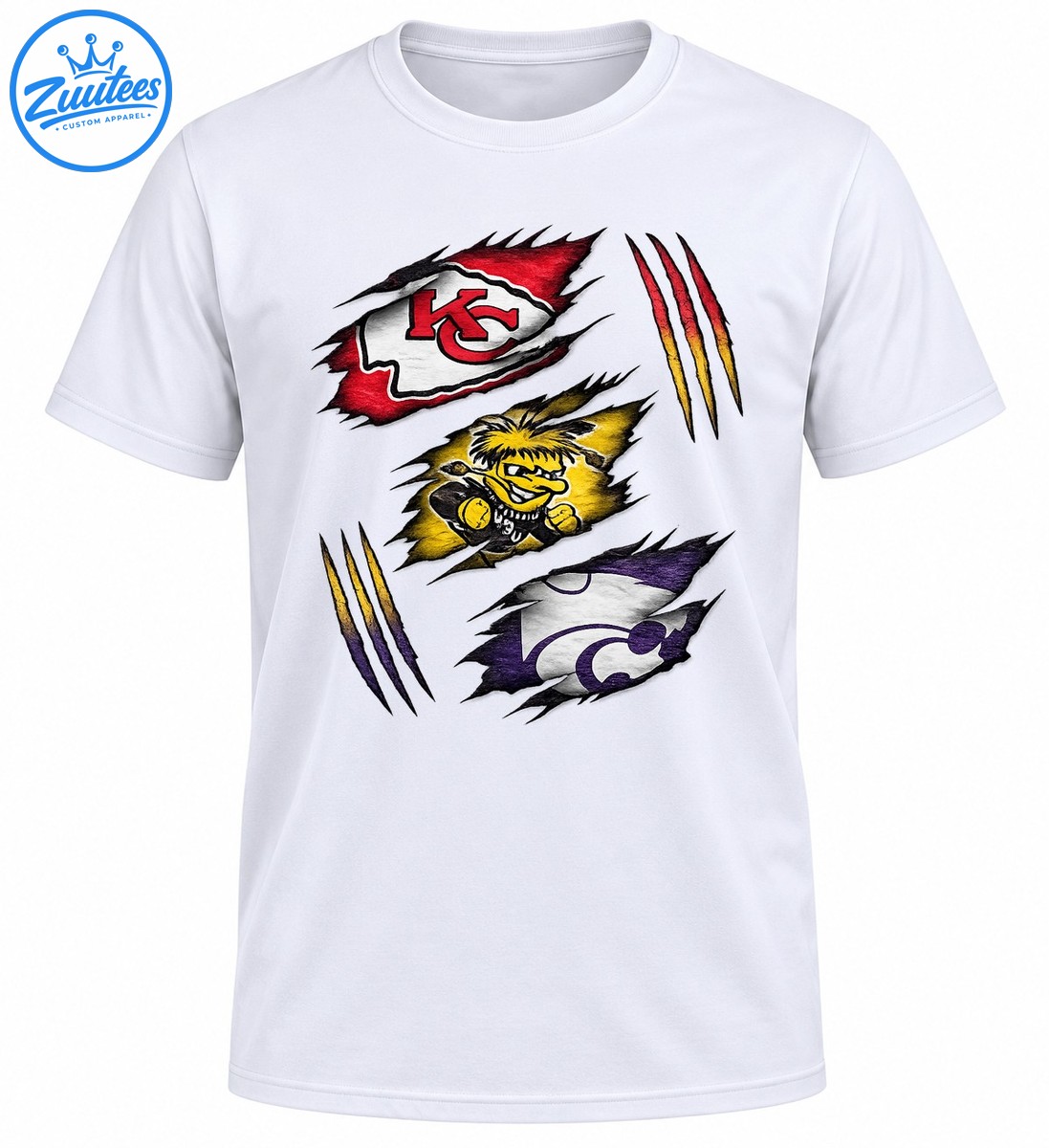 Three stacked sports graphics with a red KC arrowhead, yellow mascot, purple wildcat emblem, and colorful claw marks Three stacked sports graphics with a red KC arrowhead, yellow mascot, purple wildcat emblem, and colorful claw marks