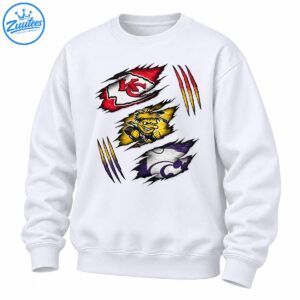 Three stacked sports graphics with a red KC arrowhead, yellow mascot, purple wildcat emblem, and colorful claw marks