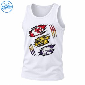 Three stacked sports graphics with a red KC arrowhead, yellow mascot, purple wildcat emblem, and colorful claw marks