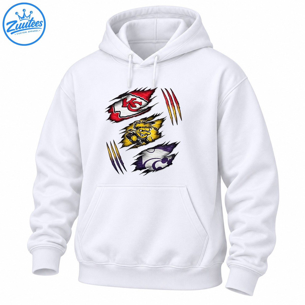 Three stacked sports graphics with a red KC arrowhead, yellow mascot, purple wildcat emblem, and colorful claw marks Three stacked sports graphics with a red KC arrowhead, yellow mascot, purple wildcat emblem, and colorful claw marks