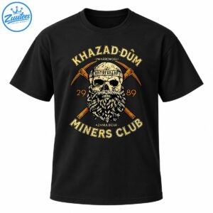 Dwarven fantasy emblem with a cracked bearded skull, crossed pickaxes, gold lettering, and Miners Club text