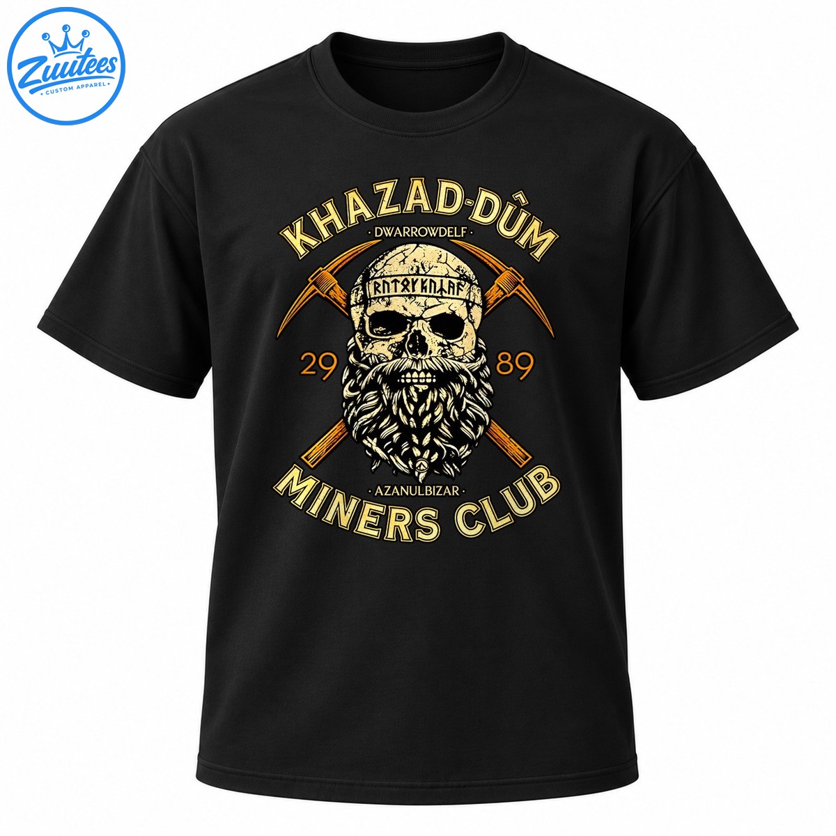 Dwarven fantasy emblem with a cracked bearded skull, crossed pickaxes, gold lettering, and Miners Club text Dwarven fantasy emblem with a cracked bearded skull, crossed pickaxes, gold lettering, and Miners Club text