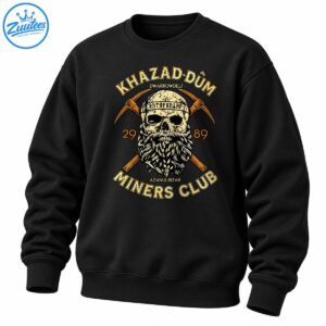 Dwarven fantasy emblem with a cracked bearded skull, crossed pickaxes, gold lettering, and Miners Club text