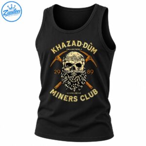 Dwarven fantasy emblem with a cracked bearded skull, crossed pickaxes, gold lettering, and Miners Club text