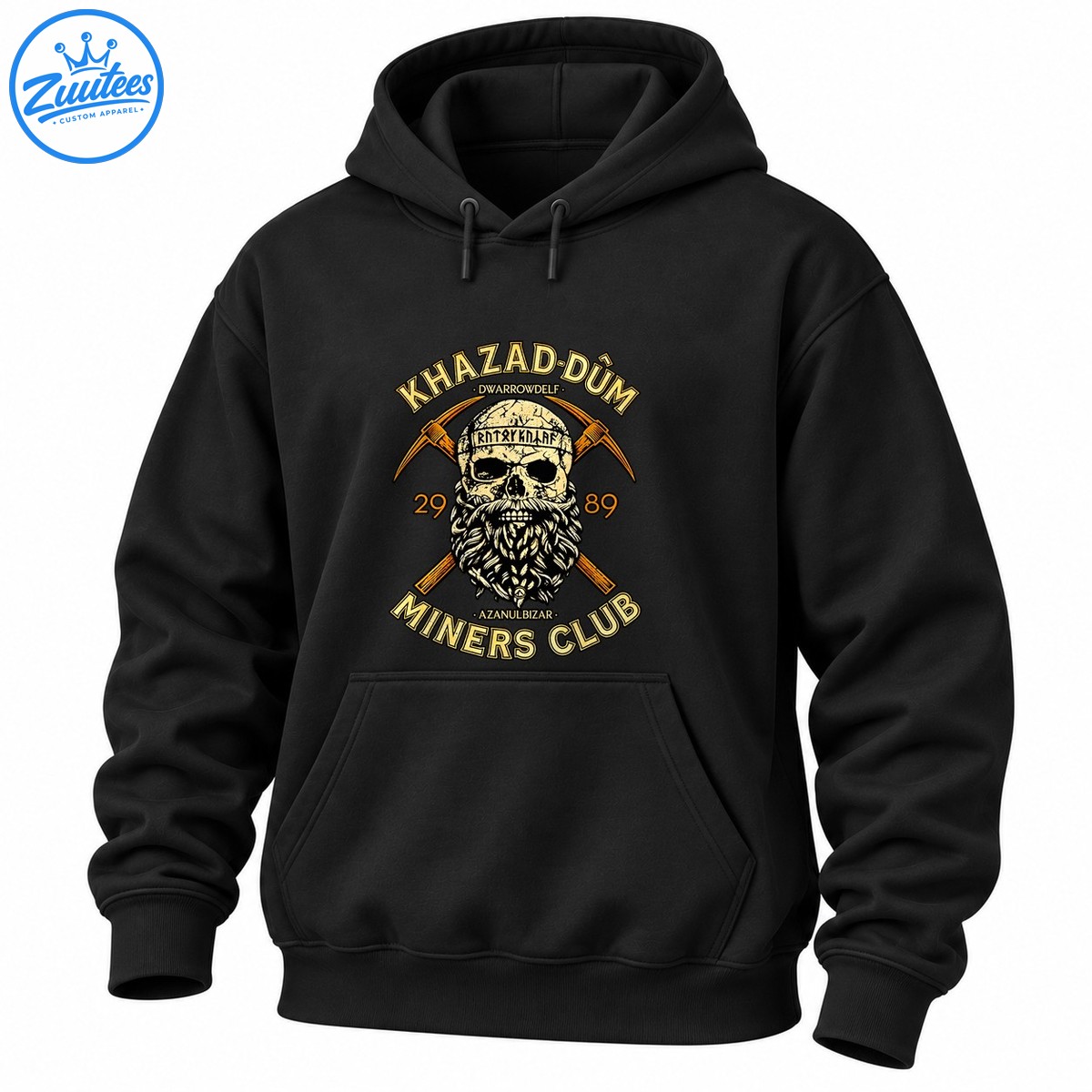 Dwarven fantasy emblem with a cracked bearded skull, crossed pickaxes, gold lettering, and Miners Club text Dwarven fantasy emblem with a cracked bearded skull, crossed pickaxes, gold lettering, and Miners Club text