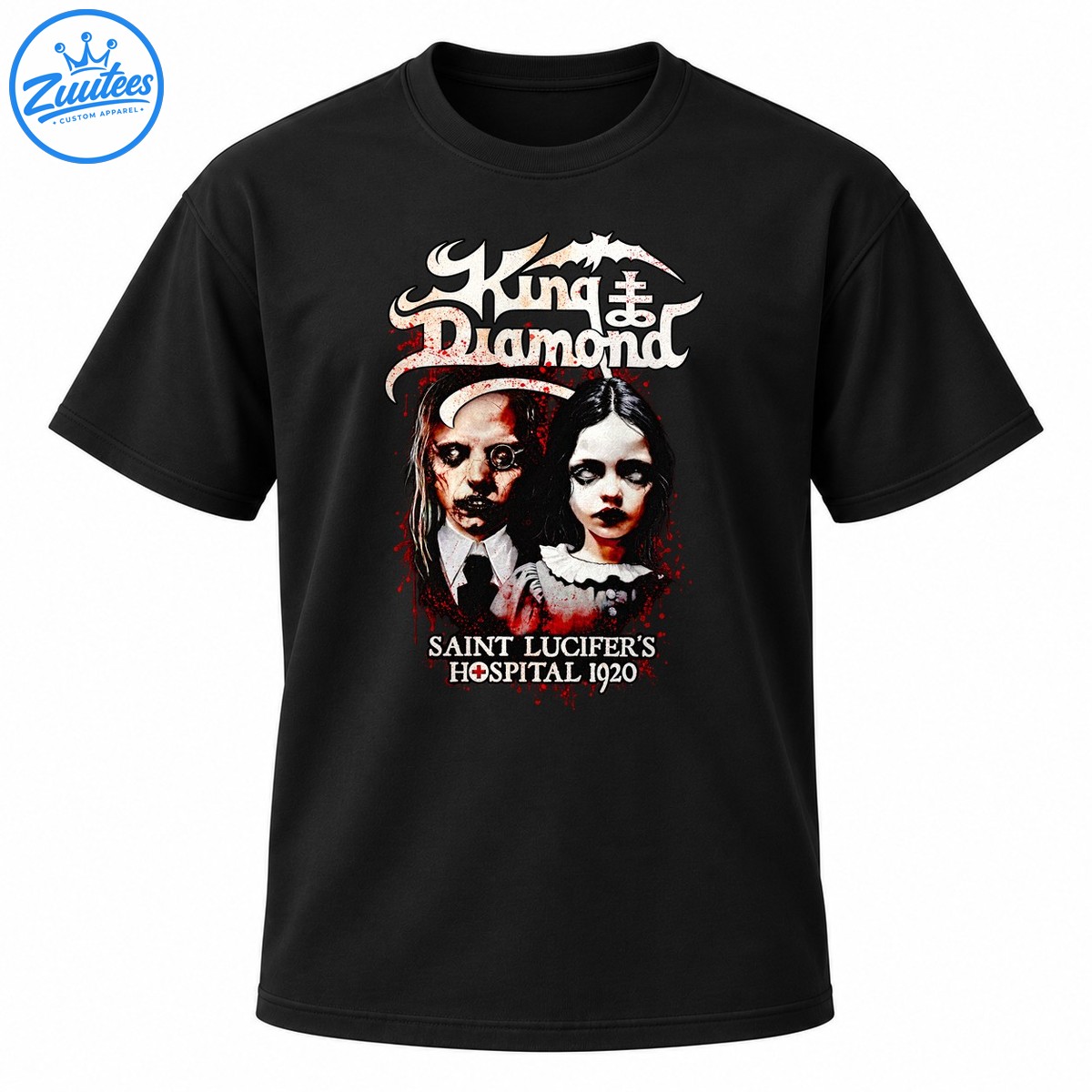 King Diamond gothic horror shirt design with two eerie child portraits, red splatters, and Saint Lucifer's Hospital 1920 text King Diamond gothic horror shirt design with two eerie child portraits, red splatters, and Saint Lucifer's Hospital 1920 text