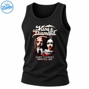 King Diamond gothic horror shirt design with two eerie child portraits, red splatters, and Saint Lucifer's Hospital 1920 text