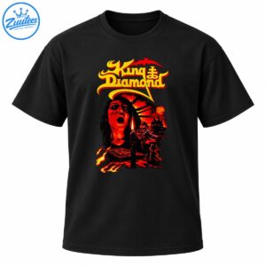 King Diamond gothic metal artwork with yellow lettering, a screaming face, candle, cloaked figures, castle, and fiery red-orange scenery