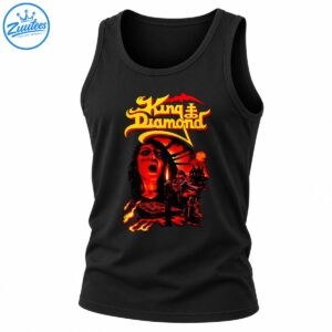 King Diamond gothic metal artwork with yellow lettering, a screaming face, candle, cloaked figures, castle, and fiery red-orange scenery