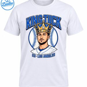 King Tuck baseball shirt design featuring a crowned player portrait, blue varsity lettering, a baseball, and 23 Los Angeles text