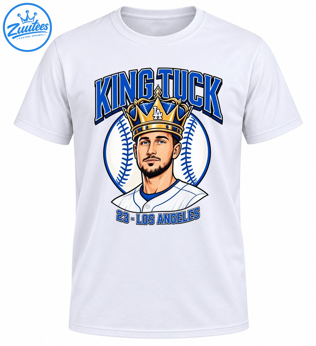 King Tuck baseball shirt design featuring a crowned player portrait, blue varsity lettering, a baseball, and 23 Los Angeles text King Tuck baseball shirt design featuring a crowned player portrait, blue varsity lettering, a baseball, and 23 Los Angeles text