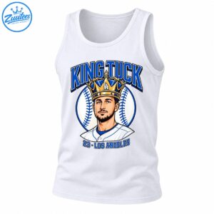 King Tuck baseball shirt design featuring a crowned player portrait, blue varsity lettering, a baseball, and 23 Los Angeles text