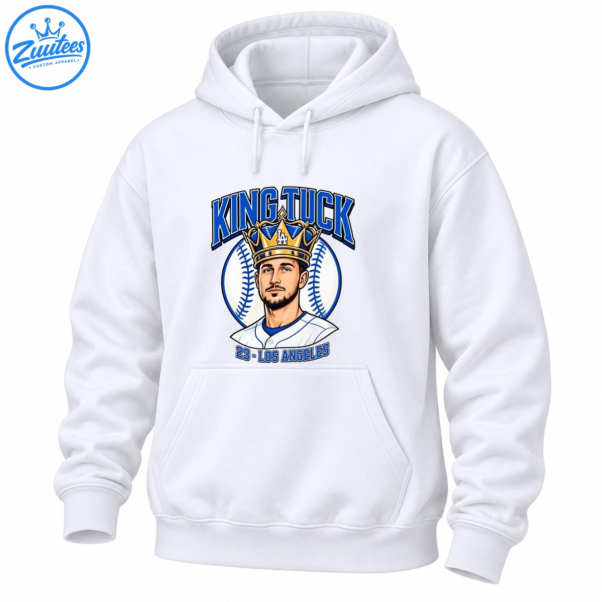 King Tuck baseball shirt design featuring a crowned player portrait, blue varsity lettering, a baseball, and 23 Los Angeles text King Tuck baseball shirt design featuring a crowned player portrait, blue varsity lettering, a baseball, and 23 Los Angeles text