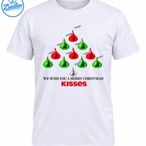 Kisses Christmas shirt design with red and green chocolate candy tree, silver kiss, and Merry Christmas greeting