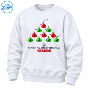 Kisses Christmas shirt design with red and green chocolate candy tree, silver kiss, and Merry Christmas greeting