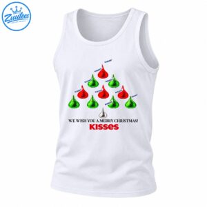 Kisses Christmas shirt design with red and green chocolate candy tree, silver kiss, and Merry Christmas greeting