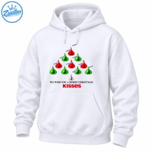 Kisses Christmas shirt design with red and green chocolate candy tree, silver kiss, and Merry Christmas greeting