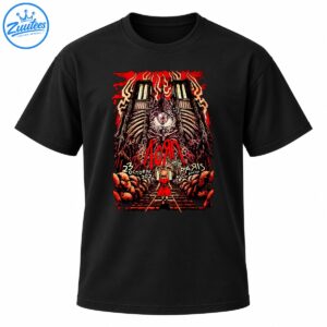 Korn Euro Tour 2026 Paris Accor Arena shirt design with a gothic cathedral, giant eye, fiery red smoke, and skeletal horror artwork