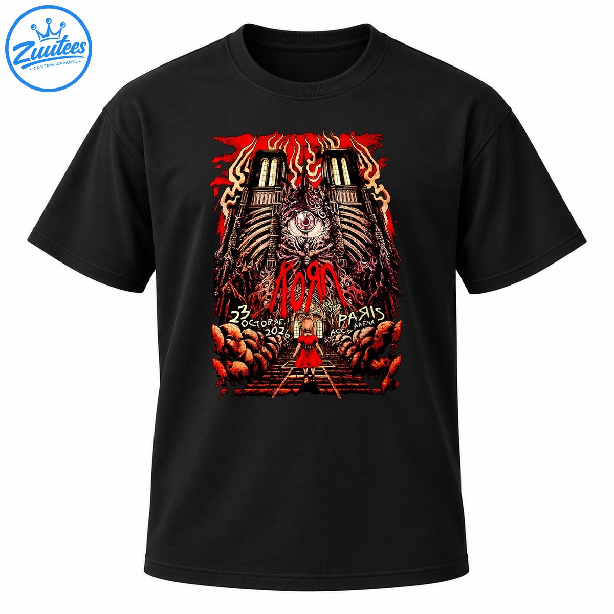 Korn Euro Tour 2026 Paris Accor Arena shirt design with a gothic cathedral, giant eye, fiery red smoke, and skeletal horror artwork Korn Euro Tour 2026 Paris Accor Arena shirt design with a gothic cathedral, giant eye, fiery red smoke, and skeletal horror artwork