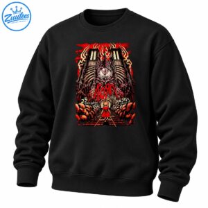 Korn Euro Tour 2026 Paris Accor Arena shirt design with a gothic cathedral, giant eye, fiery red smoke, and skeletal horror artwork