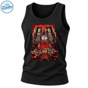 Korn Euro Tour 2026 Paris Accor Arena shirt design with a gothic cathedral, giant eye, fiery red smoke, and skeletal horror artwork