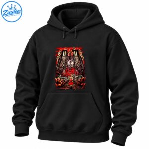 Korn Euro Tour 2026 Paris Accor Arena shirt design with a gothic cathedral, giant eye, fiery red smoke, and skeletal horror artwork