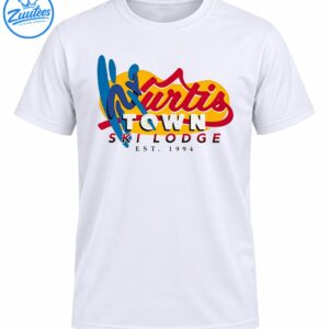 Kurtis Town Ski Lodge Est. 1994 retro graphic with red script, blue ski shapes, and golden-yellow accents