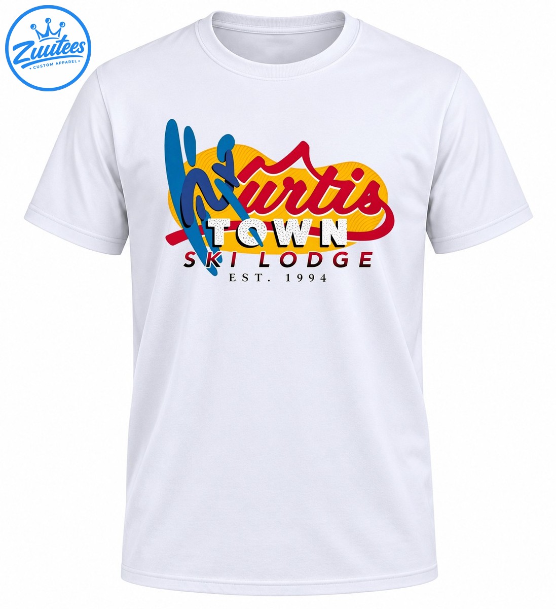 Kurtis Town Ski Lodge Est. 1994 retro graphic with red script, blue ski shapes, and golden yellow accents Kurtis Town Ski Lodge Est. 1994 retro graphic with red script, blue ski shapes, and golden-yellow accents