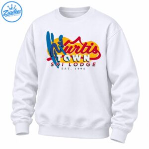 Kurtis Town Ski Lodge Est. 1994 retro graphic with red script, blue ski shapes, and golden-yellow accents