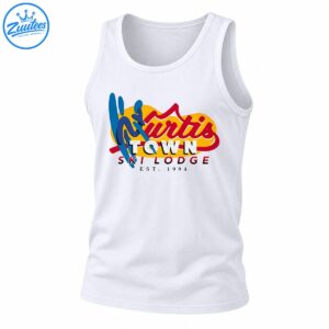 Kurtis Town Ski Lodge Est. 1994 retro graphic with red script, blue ski shapes, and golden-yellow accents