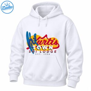 Kurtis Town Ski Lodge Est. 1994 retro graphic with red script, blue ski shapes, and golden-yellow accents