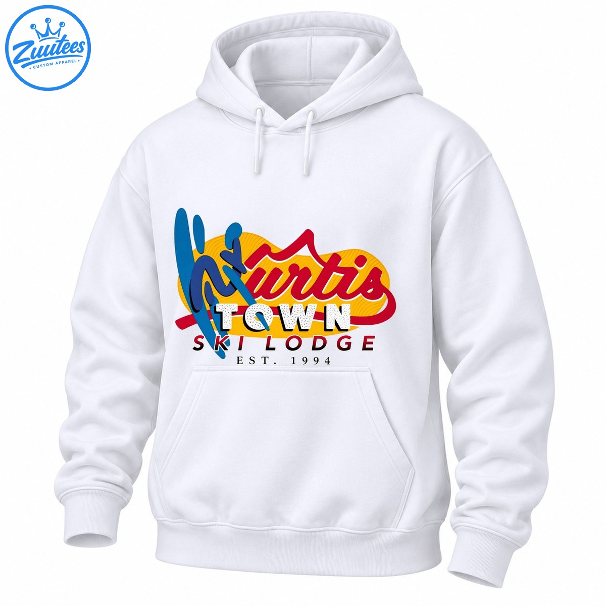 Kurtis Town Ski Lodge Est. 1994 retro graphic with red script, blue ski shapes, and golden yellow accents Kurtis Town Ski Lodge Est. 1994 retro graphic with red script, blue ski shapes, and golden-yellow accents