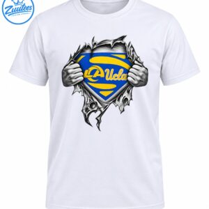 Blue and gold LA Ucla shield revealed by grayscale hands ripping through jagged material