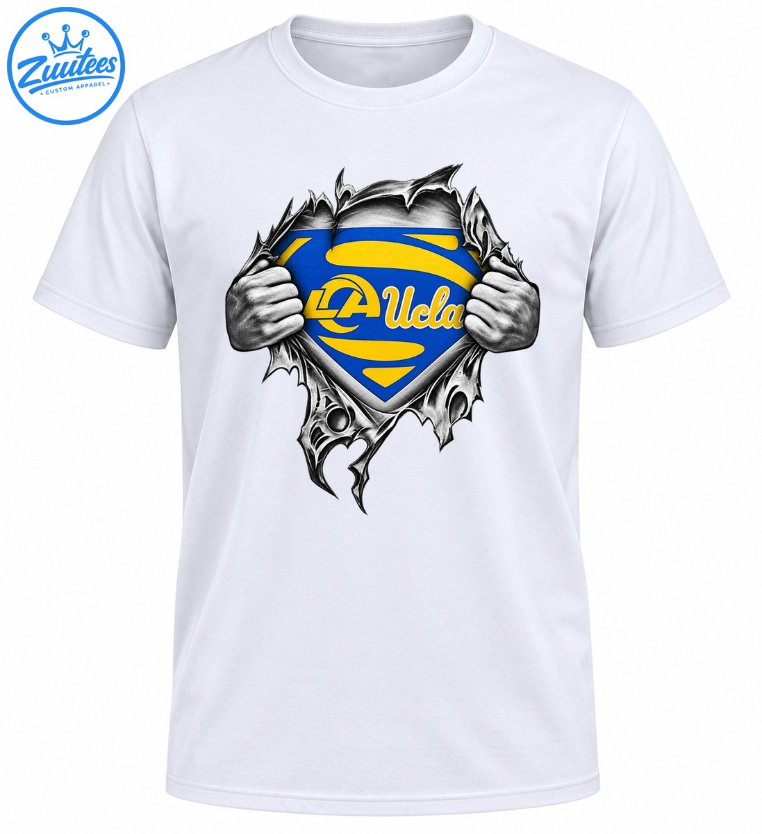 Blue and gold LA Ucla shield revealed by grayscale hands ripping through jagged material Blue and gold LA Ucla shield revealed by grayscale hands ripping through jagged material