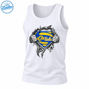 Blue and gold LA Ucla shield revealed by grayscale hands ripping through jagged material