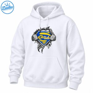 Blue and gold LA Ucla shield revealed by grayscale hands ripping through jagged material