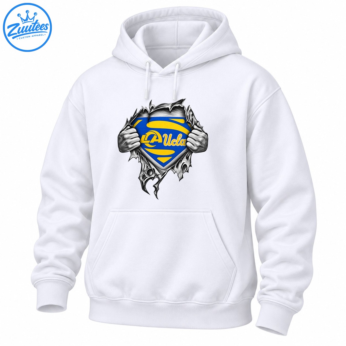 Blue and gold LA Ucla shield revealed by grayscale hands ripping through jagged material Blue and gold LA Ucla shield revealed by grayscale hands ripping through jagged material