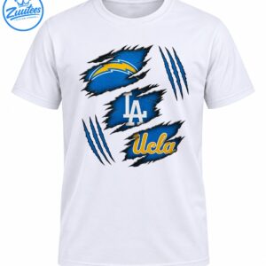 Blue torn-fabric panels with gold lightning bolt, white LA monogram, gold UCLA script, and blue claw marks