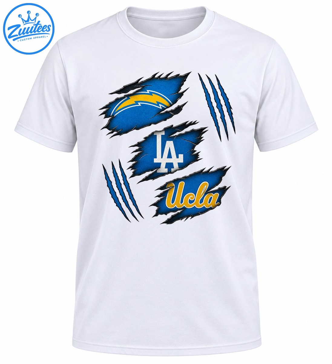 Blue torn fabric panels with gold lightning bolt, white LA monogram, gold UCLA script, and blue claw marks Blue torn-fabric panels with gold lightning bolt, white LA monogram, gold UCLA script, and blue claw marks