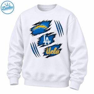 Blue torn-fabric panels with gold lightning bolt, white LA monogram, gold UCLA script, and blue claw marks