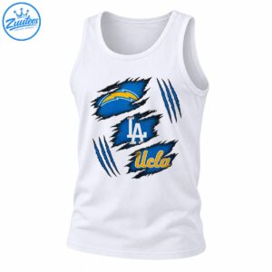Blue torn-fabric panels with gold lightning bolt, white LA monogram, gold UCLA script, and blue claw marks