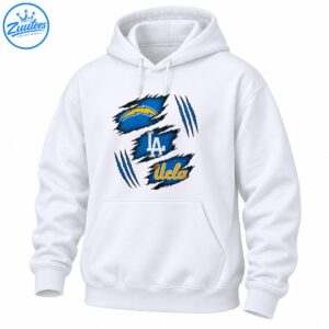 Blue torn-fabric panels with gold lightning bolt, white LA monogram, gold UCLA script, and blue claw marks